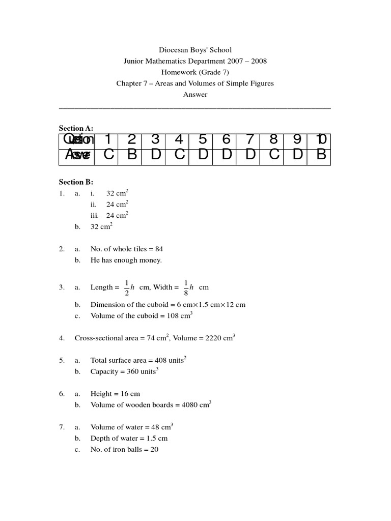 Grade 7 Math Homework: Areas & Volumes | PDF