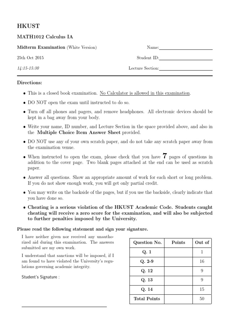 HKUST MATH1012 Midterm Exam 2015 | PDF | Multiple Choice