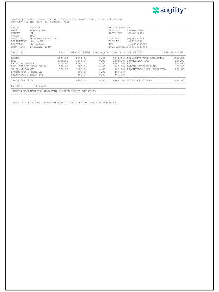 Sipl Pay Slip 238596 Dec 2022 PDF Tax Deduction Taxation
