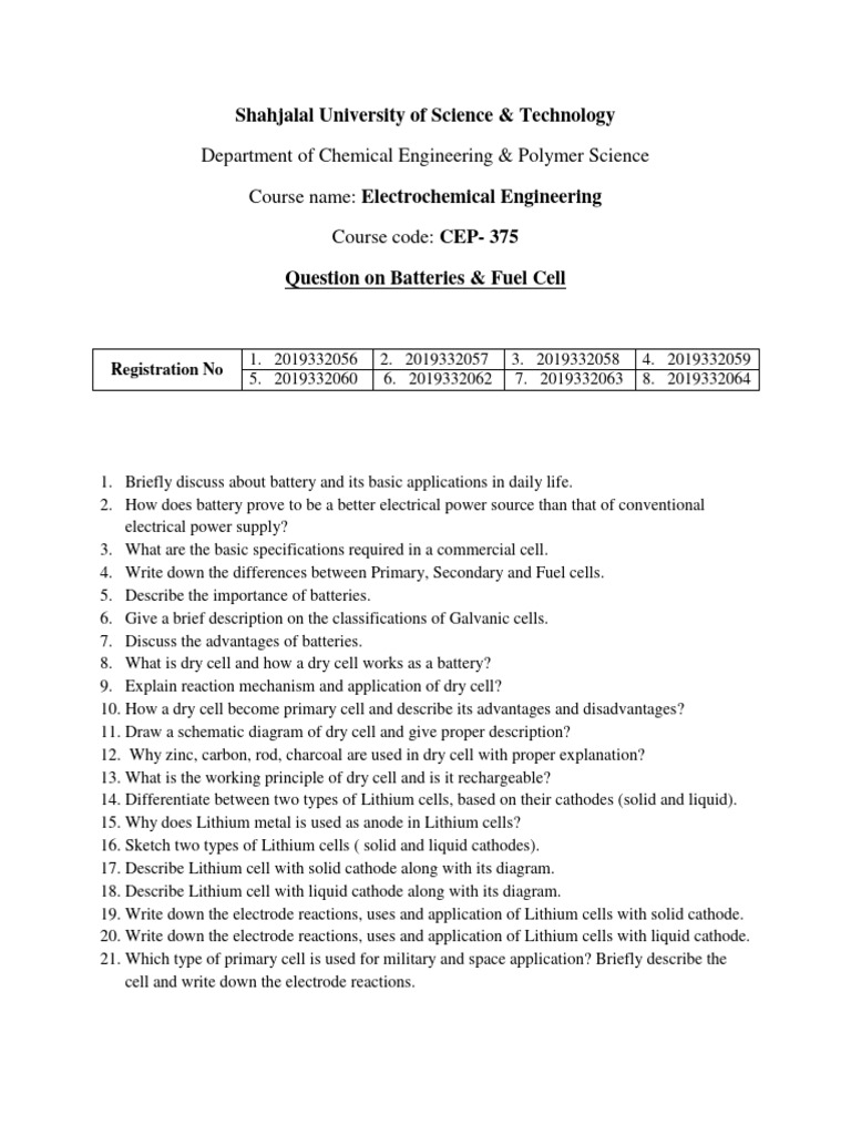 Question On Batteries PDF Rechargeable Battery Electrochemistry