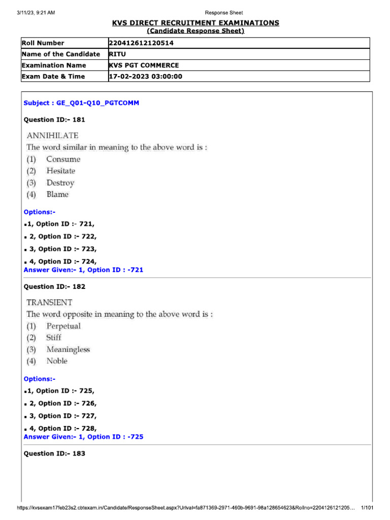 Kvs Answer Key | PDF