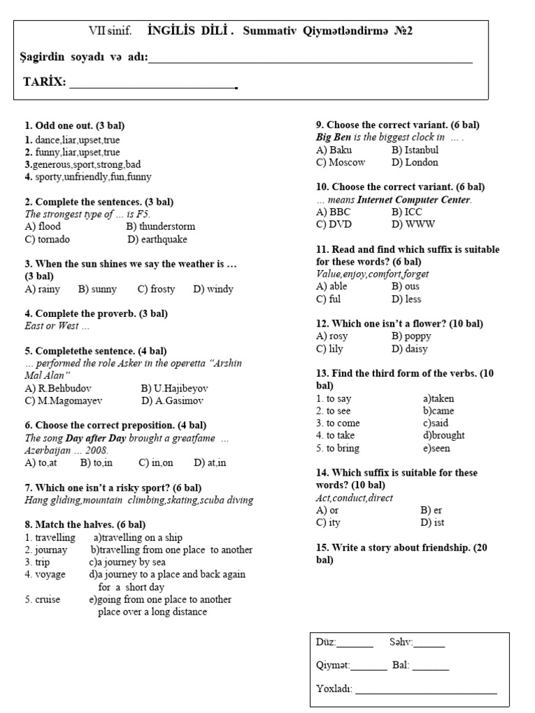 7ci Sinif İngilis Dili Sq 2 Pdf Linguistics