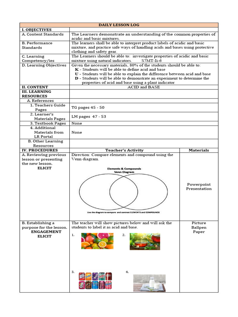 Grade 7 Acids and Bases Lesson Plan | PDF | Ph | Acid