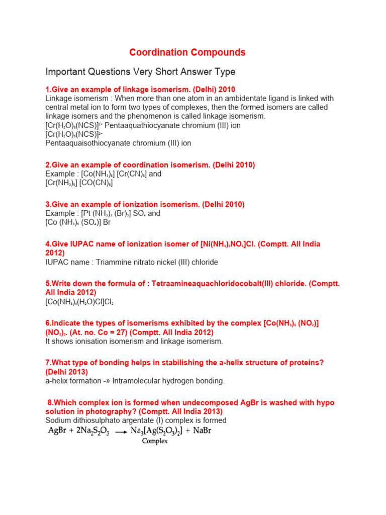 Coordination Compounds: Key Questions | PDF | Coordination Complex | Ligand