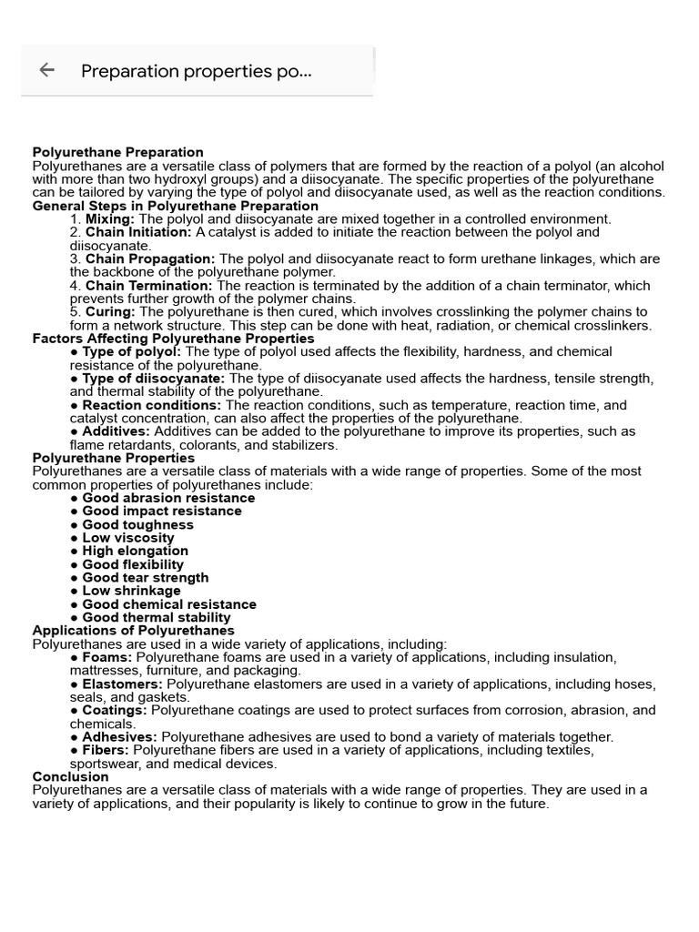 Preparation Properties Polyurethane PDF Polyurethane Industrial