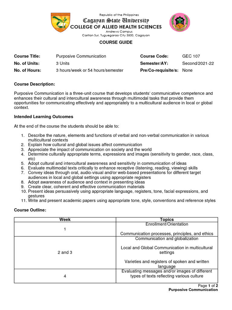 Purposive Communication Course Guide | PDF | Communication | Cross ...