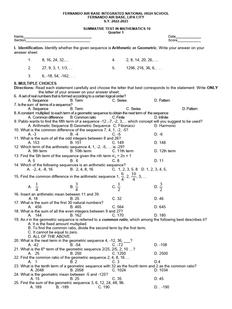 Summative test sequence pdf summation sequence