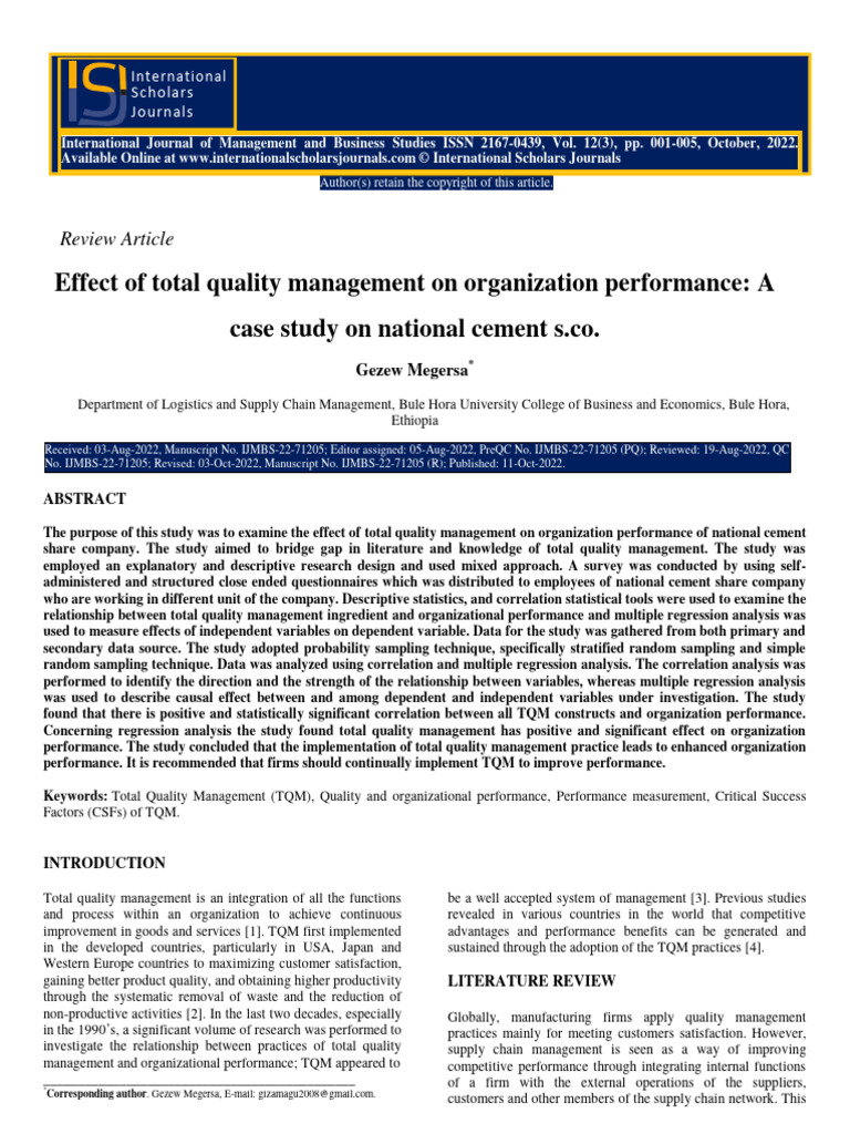 Effect of Total Quality Management On Organization Performance A Case ...