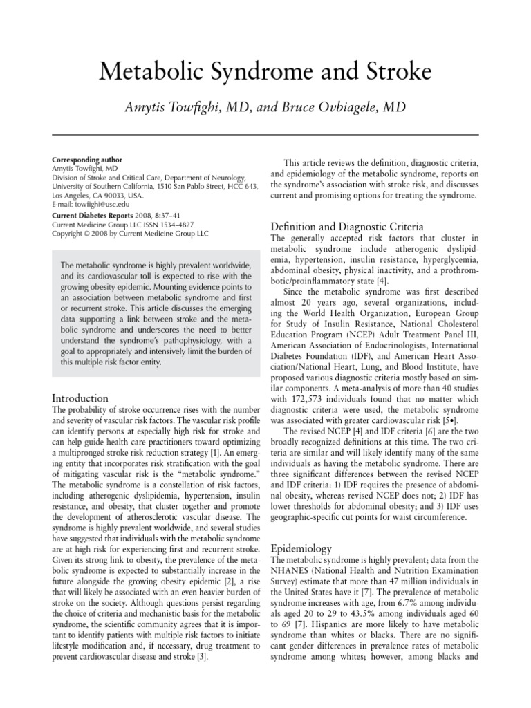 Metabolic Syndrome and Stroke | PDF | Metabolic Syndrome ...