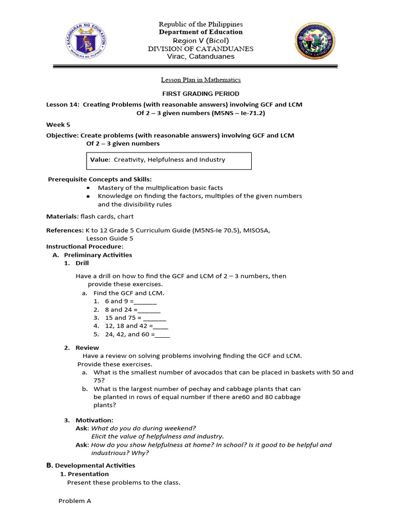Lesson 14 creating problems involving gcf and lcm pdf cognition
