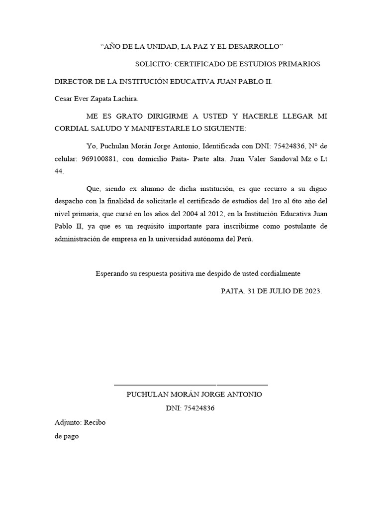 Solicitud Certificado de Estudios Primarios | PDF