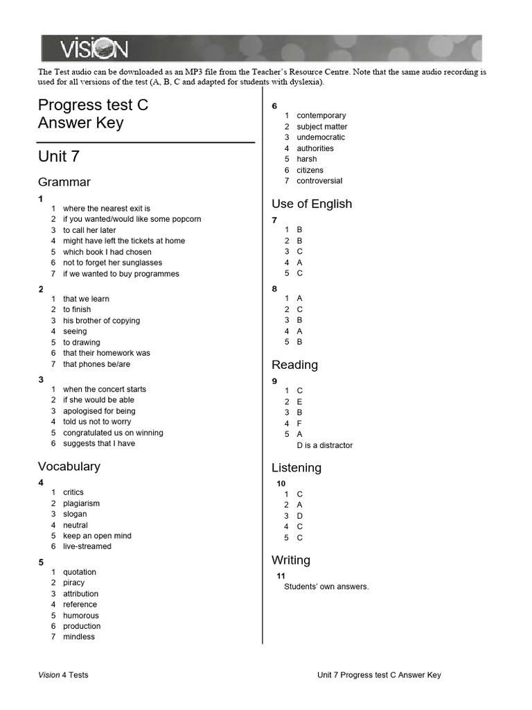 Vision L4 U7 Progress Test C AK | PDF | Human Communication