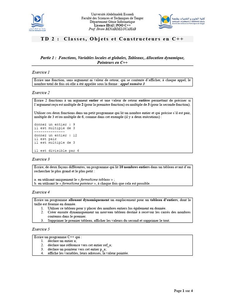 C++ : Classes, Objets et Pointeurs en TD | PDF | Classe (informatique ...