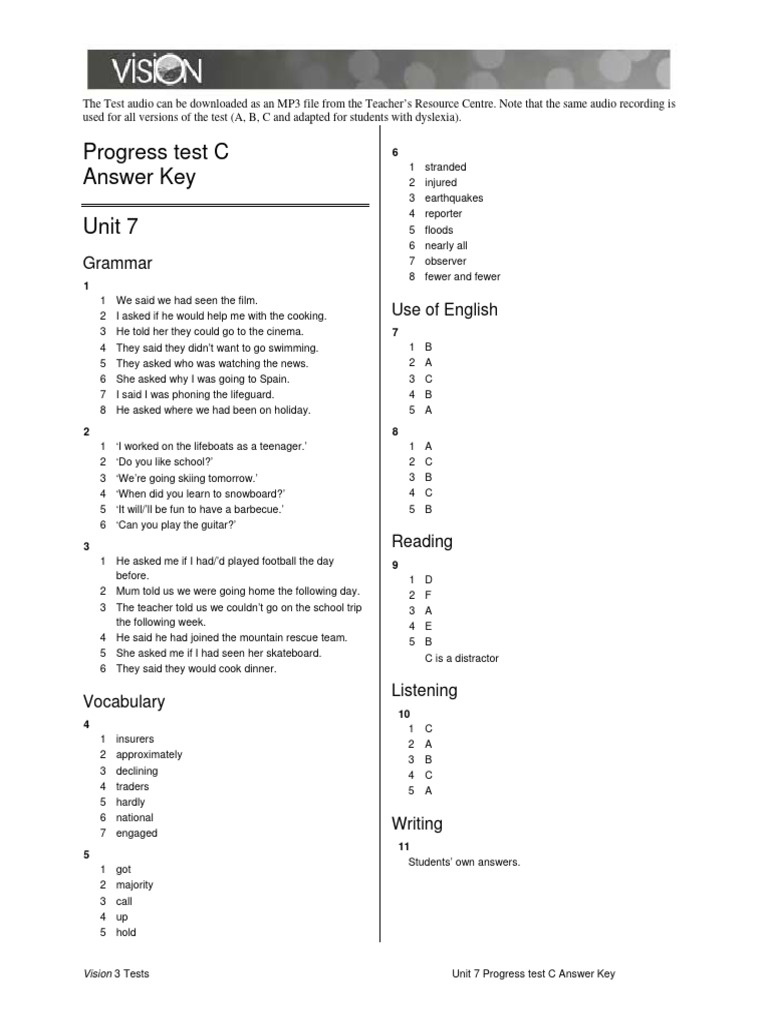 Unit 7 Progress Test C Answer Key | PDF