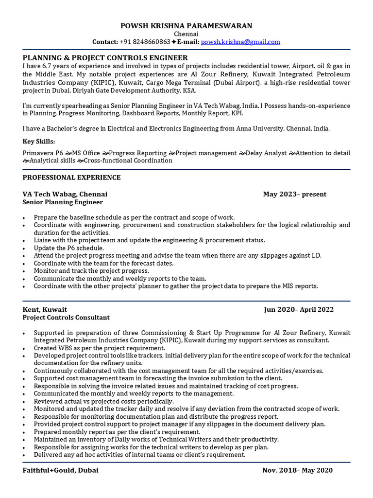 Planning Engineer CV PDF Business