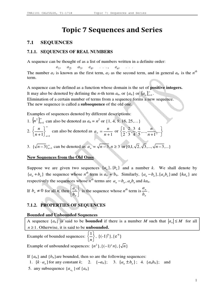 TMA1101 - Topic 07 - Sequences and Series | PDF | Sequence | Limit ...