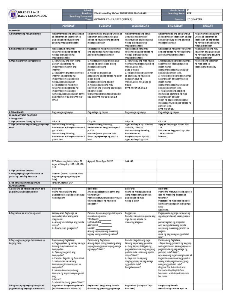 DLL - Epp 5 - Q1 - W9 | PDF
