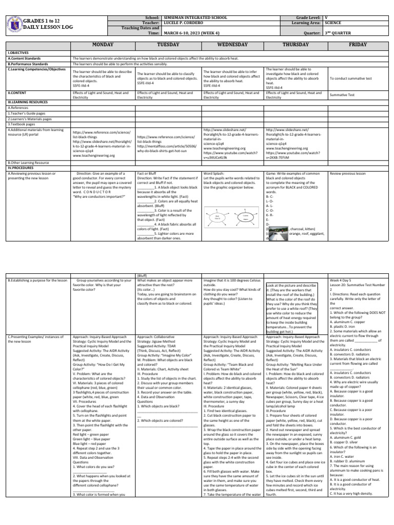 DLL - Science 5 - Q3 - W4 | PDF | Inquiry Based Learning | Color