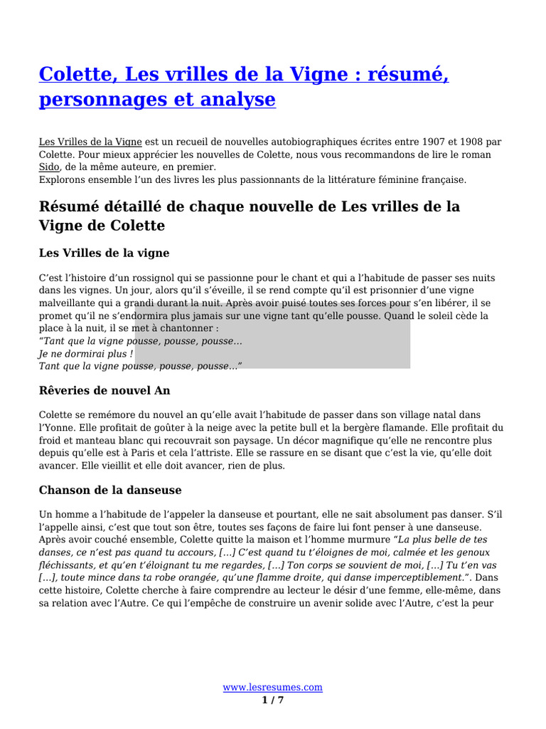 Colette Les Vrilles de La Vigne Resume Personnages Et Analyse PDF Chats Chiens
