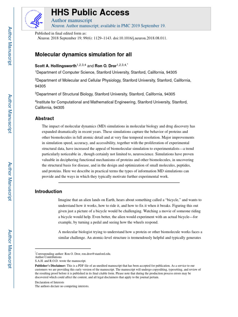 HHS Public Access: Molecular Dynamics Simulation For All | PDF | Force ...