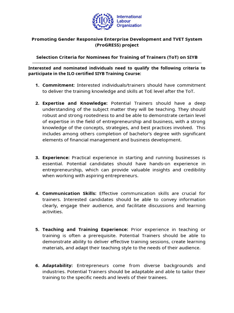 ToT On SIYB Participants Selection Criteria - Ac - PB | PDF ...