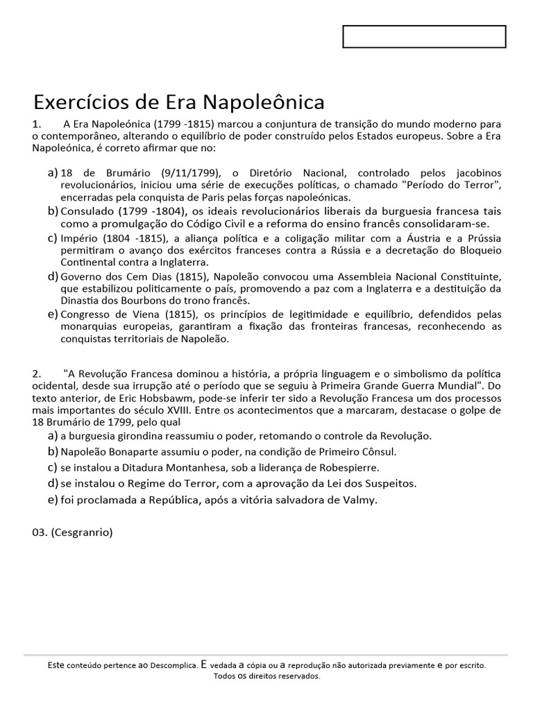 Exercícios sobre a Era Napoleônica | PDF | Napoleão | Primeiro Império ...