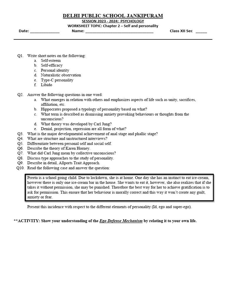 Chapter 2: Self and Personality Worksheet | PDF