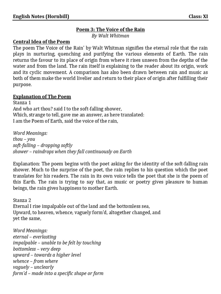 Notes Class XI Poem 3 The Voice of The Rain | PDF | Poetry | Rain