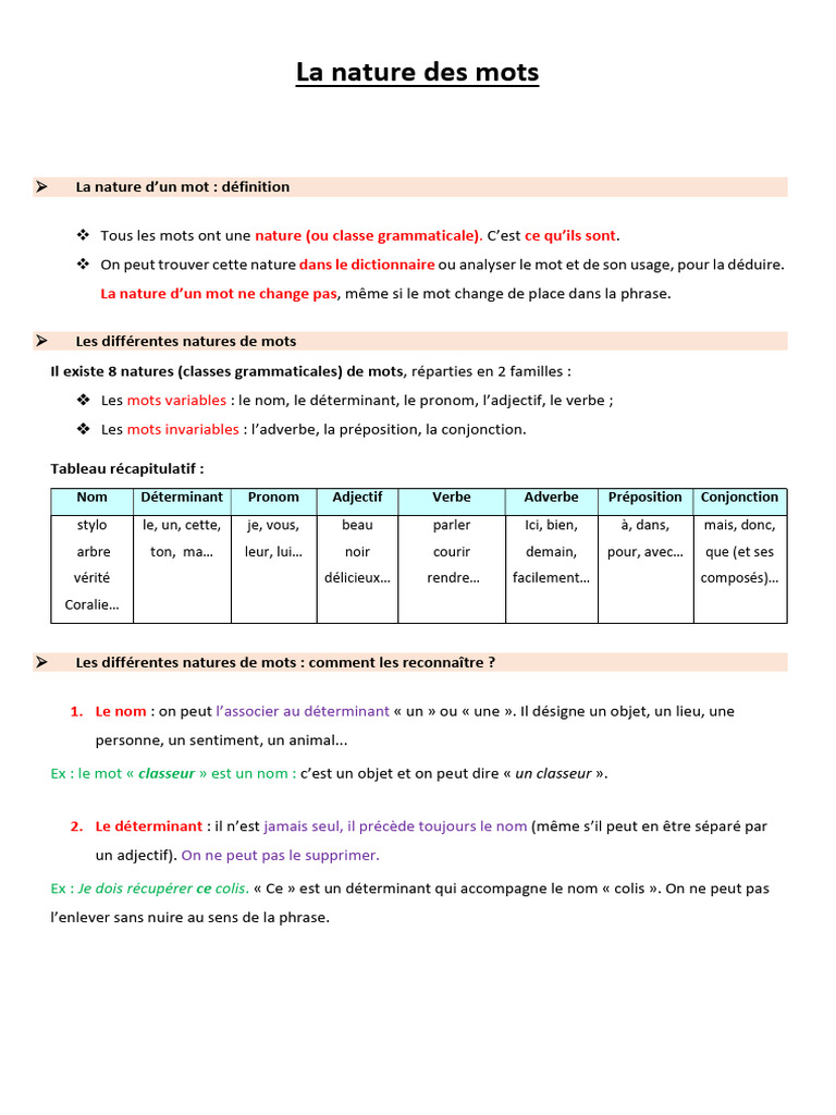 Les 8 natures des mots en grammaire | PDF | Nature (grammaire) | Pronom