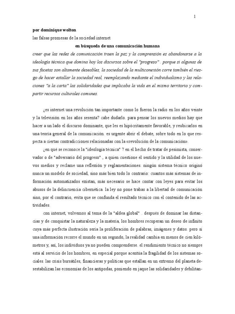 Wolton, Dominique. Las Falsas Promesas de La Sociedad PDF