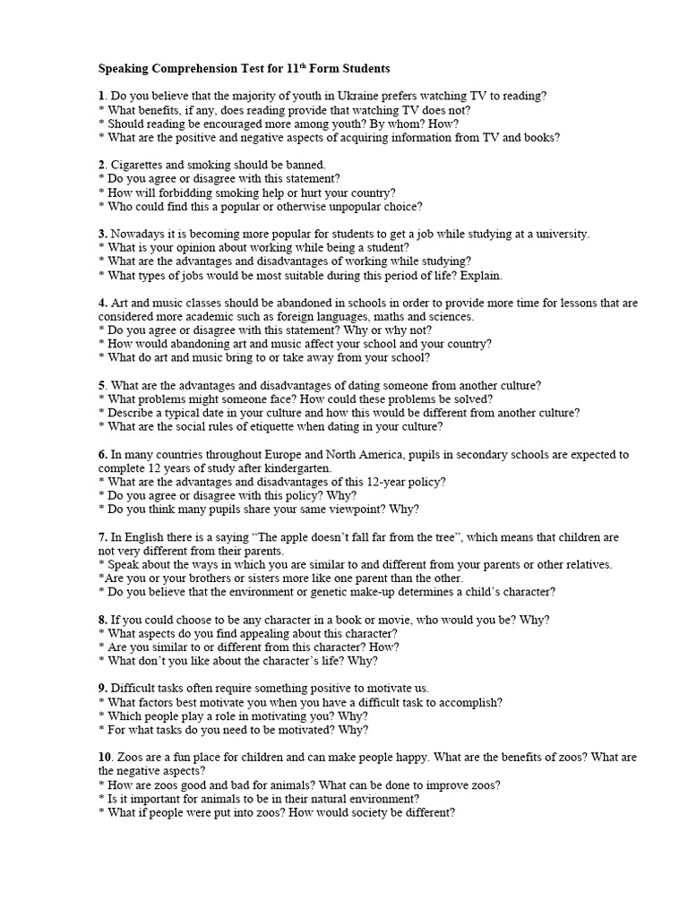 Speaking Test for 11th Graders | PDF | Cognition