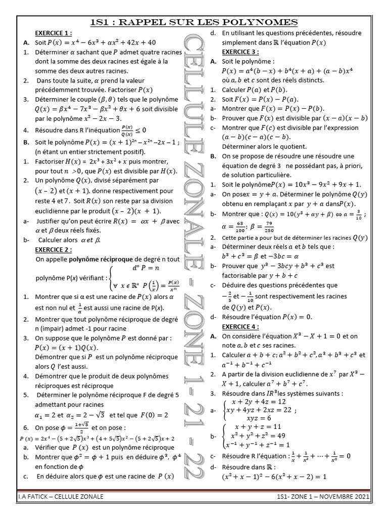 Exercices sur les polynômes et leurs propriétés | PDF | Zéro d'une ...