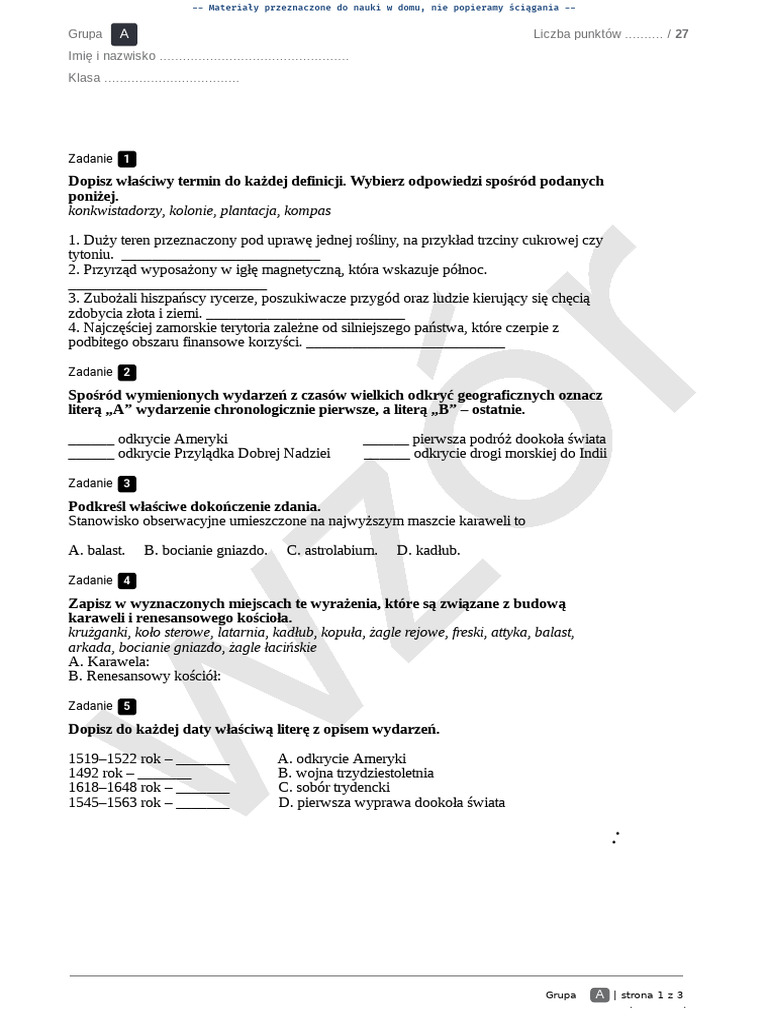 Nowa Era Sprawdziany Klasa 6 Wczoraj I Dziś - Klasa 6 - Dział 1 - Sprawdzian | PDF