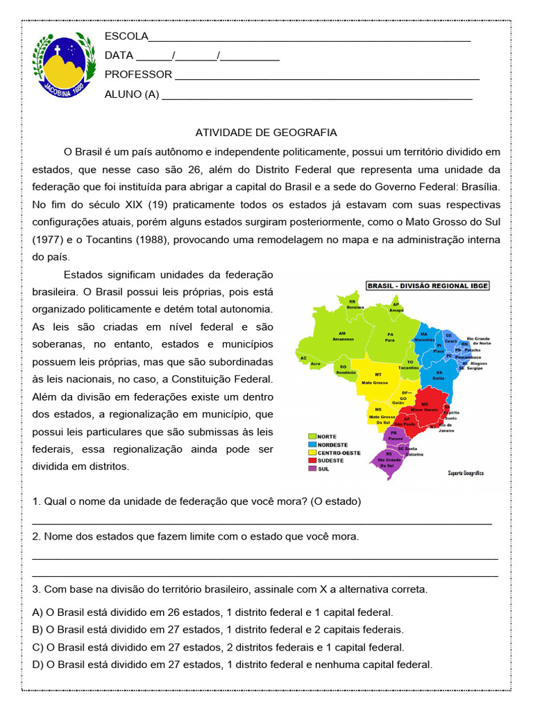 Atividades sobre Divisão Política do Brasil 4º Ano | PDF | Brasil ...
