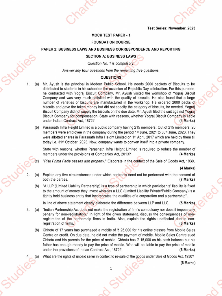 Ca Foundation Mtp 1 Law Bcr Question Paper For