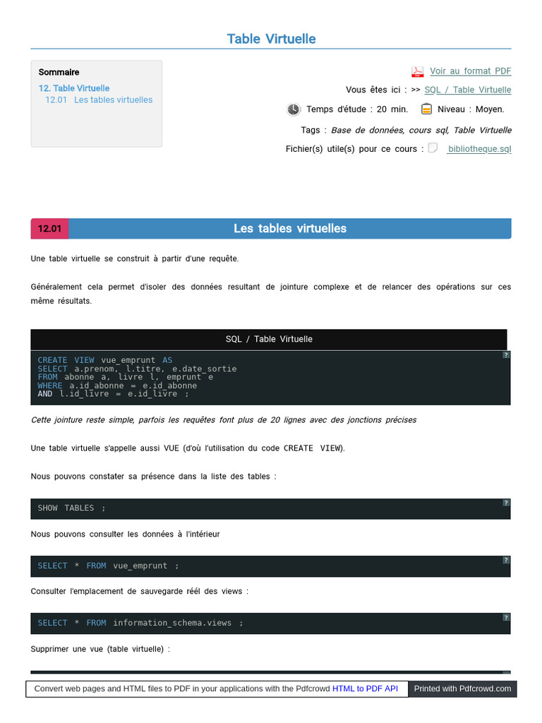 Tables Virtuelles en SQL : Guide Pratique | PDF | SQL | Internet