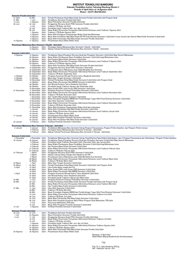 Kalender Pendidikan ITB 2023-2024 Revisi | PDF