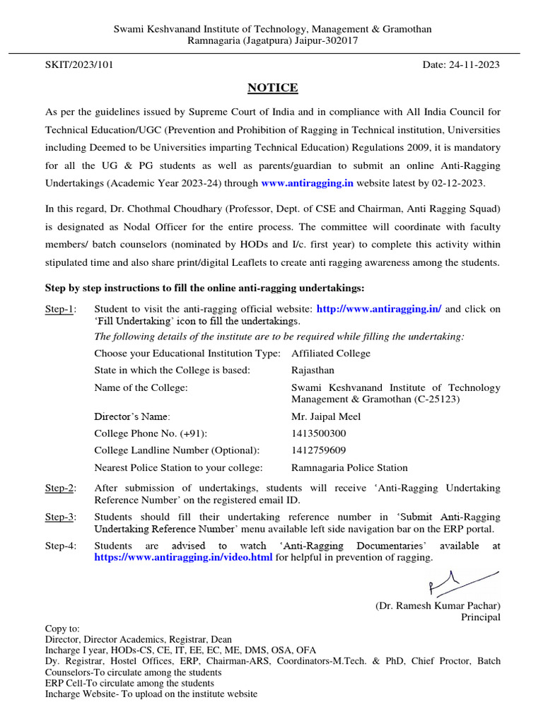 Anti-Ragging Undertaking Notice 2023-24 | PDF | Academia
