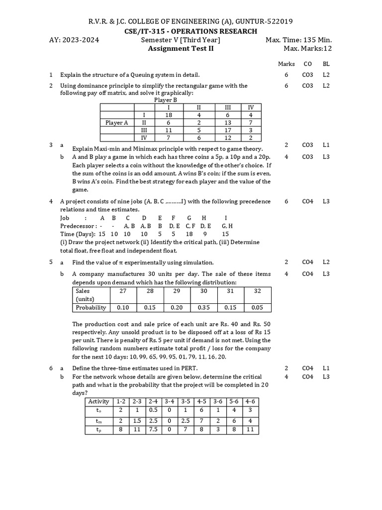 RVR&JC Operations Research Test 2023-24 | PDF | Applied Mathematics