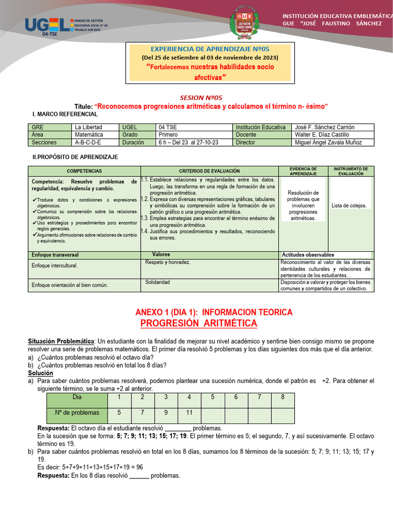 EDA 5 - SESION 5 - MAT 1º - 2023 - Progresiones Aritmèticas. | PDF ...