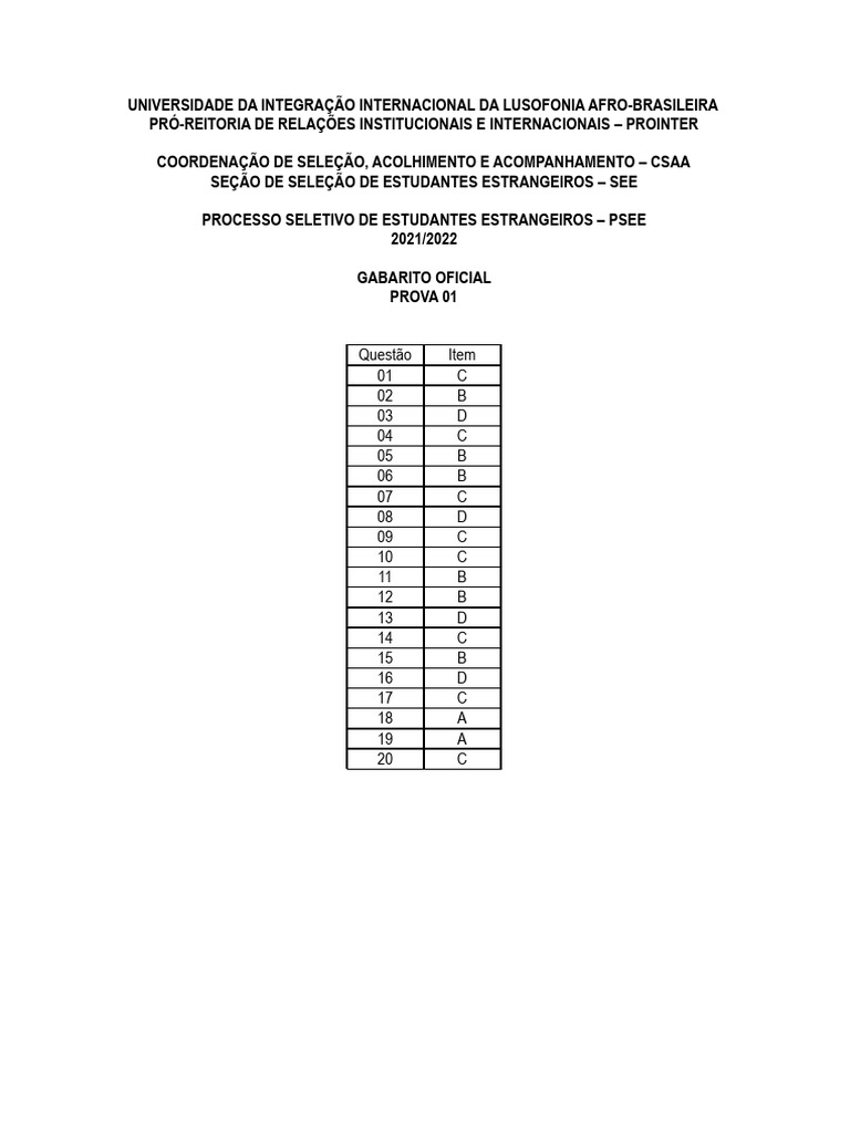 Gabarito Oficial PSEE 2021/2022 | PDF