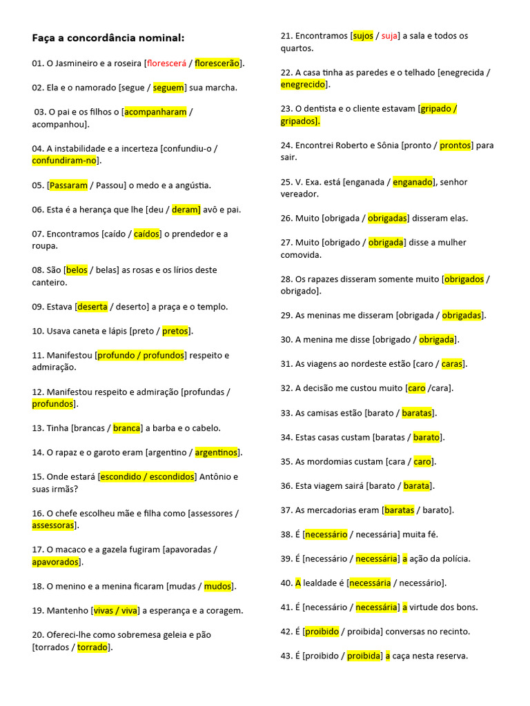 Exercícios de Concordância Nominal | PDF