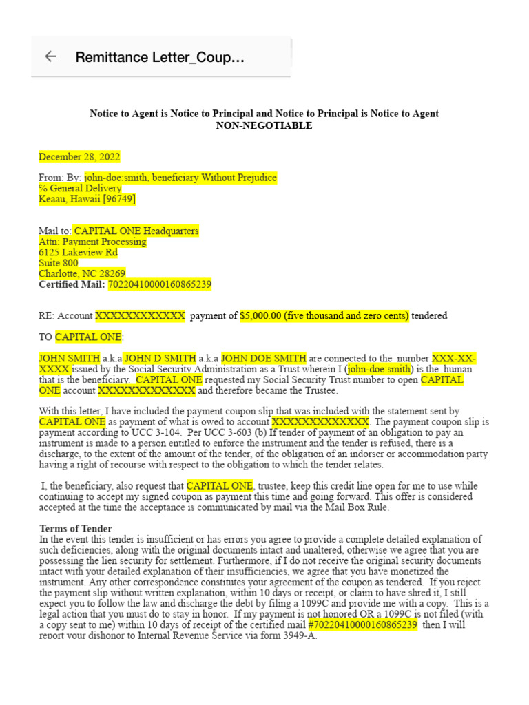 Remittance Letter Coupon Template PDF Trust Law Payments