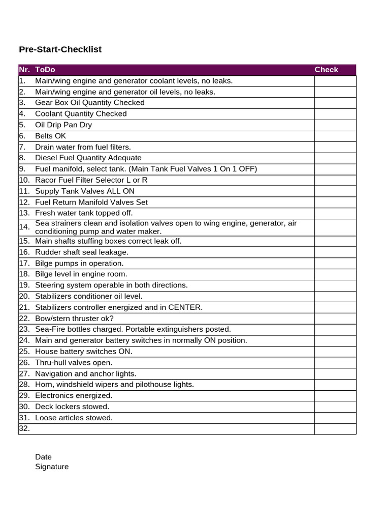 Pre-Start Checklist for Engine and Systems | PDF | Science ...