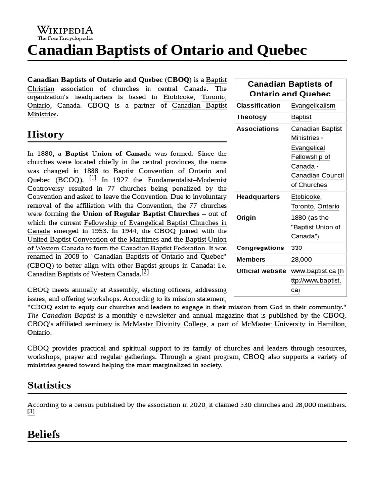 Canadian Baptists Of Ontario And Quebec Pdf Western Christianity
