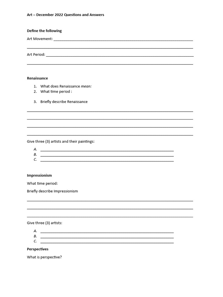 Art Questions PDF Perspective (Graphical) Renaissance