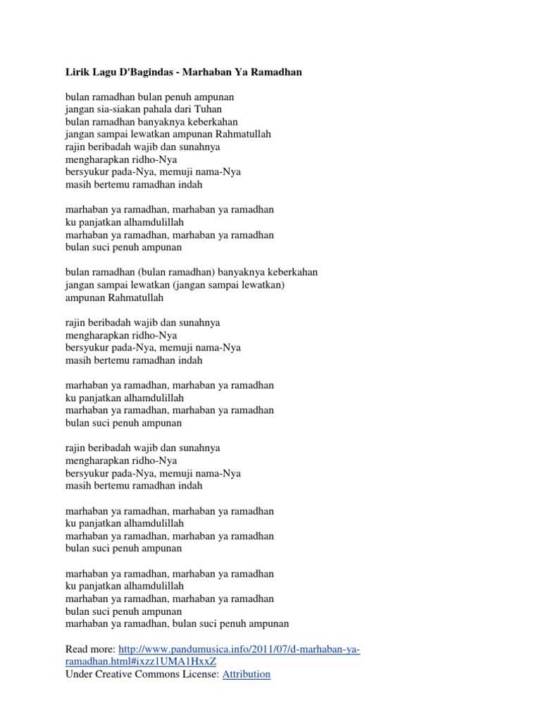 Lirik Lagu D Bagindas Marhaban Ya Ramadhan Ramadhan Html