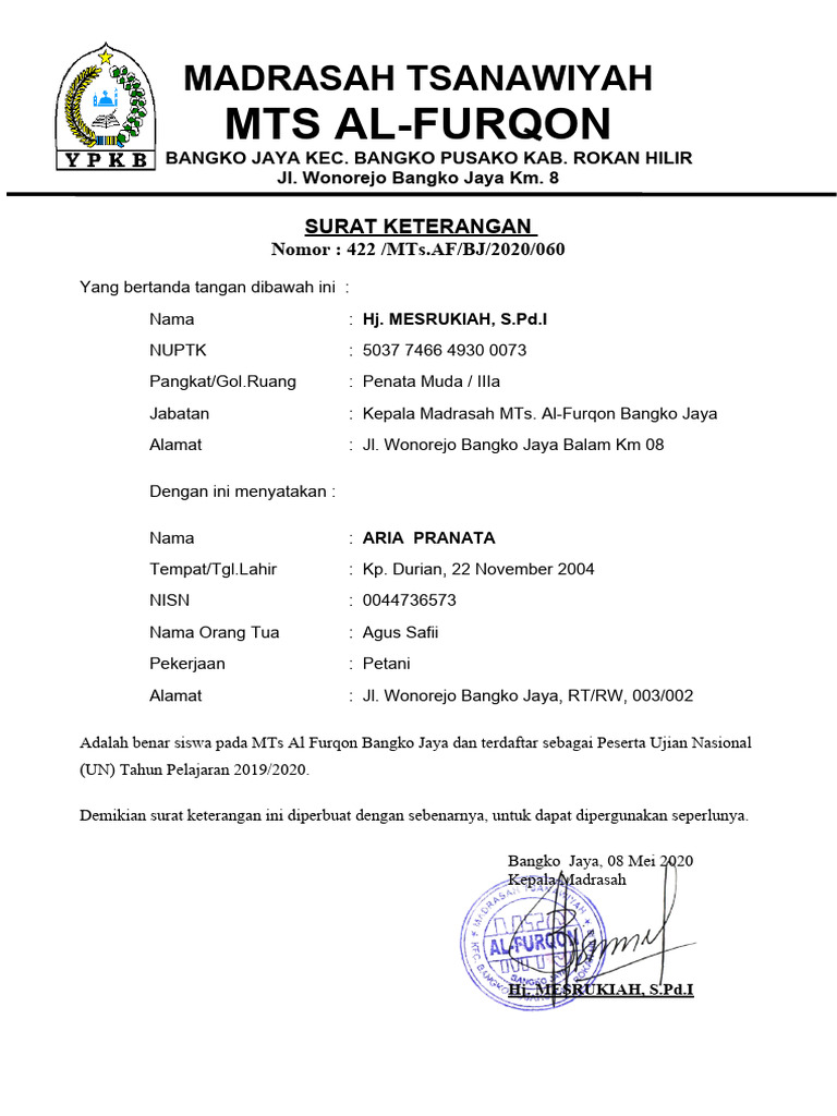 Surat Keterangan Siswa MTs Al-Furqon | PDF