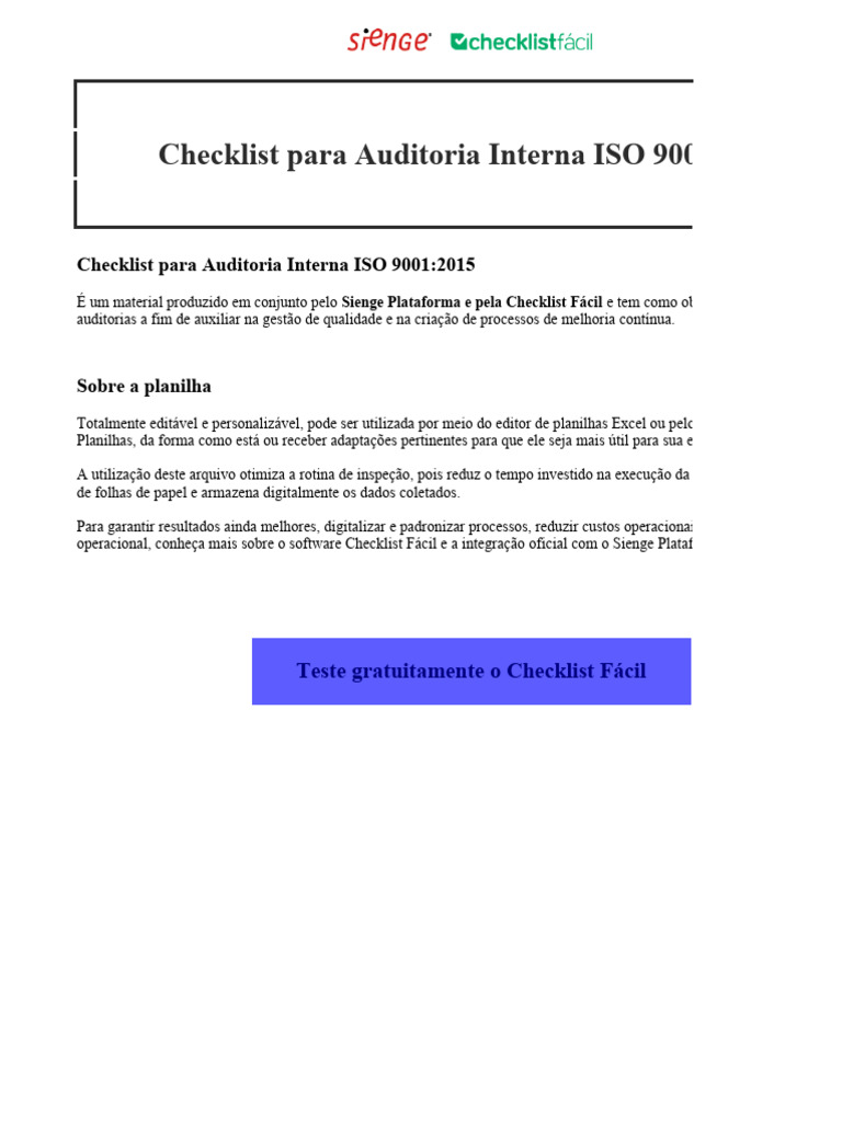 Checklist Auditoria Interna ISO 9001:2015 | PDF | Qualidade (negócios ...