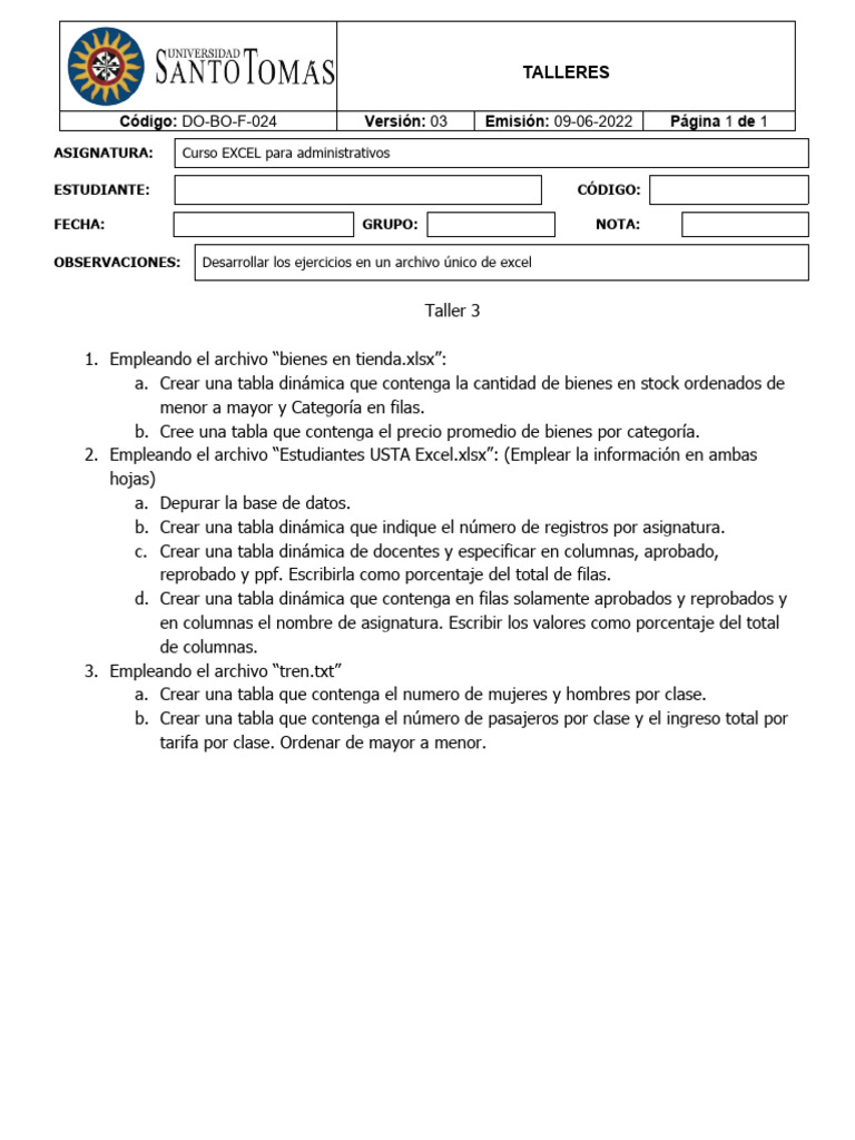 Ejercicios De Trabajo 3 Excel Pdf